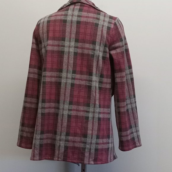 BB Dakota red plaid open front shawl collar shaket jacket boho meets grunge szM - Picture 2 of 5